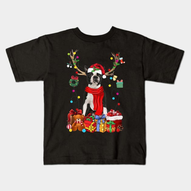 Black Boston Terrier Reindeer Santa Christmas Color Lights Kids T-Shirt by cogemma.art